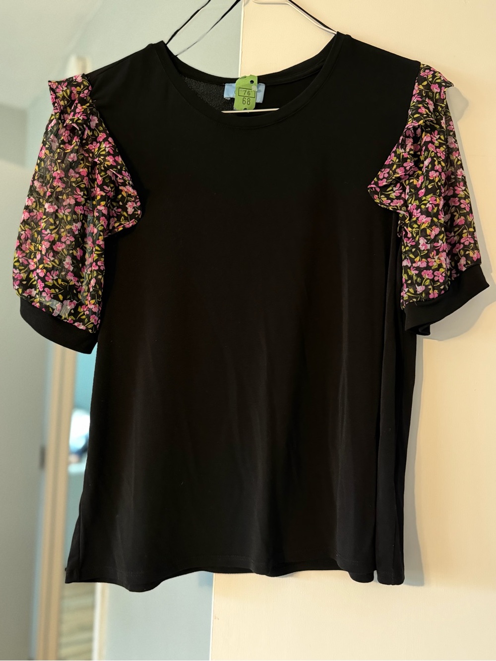 CeCe Black Tee with Pink Floral Puff Sleeves